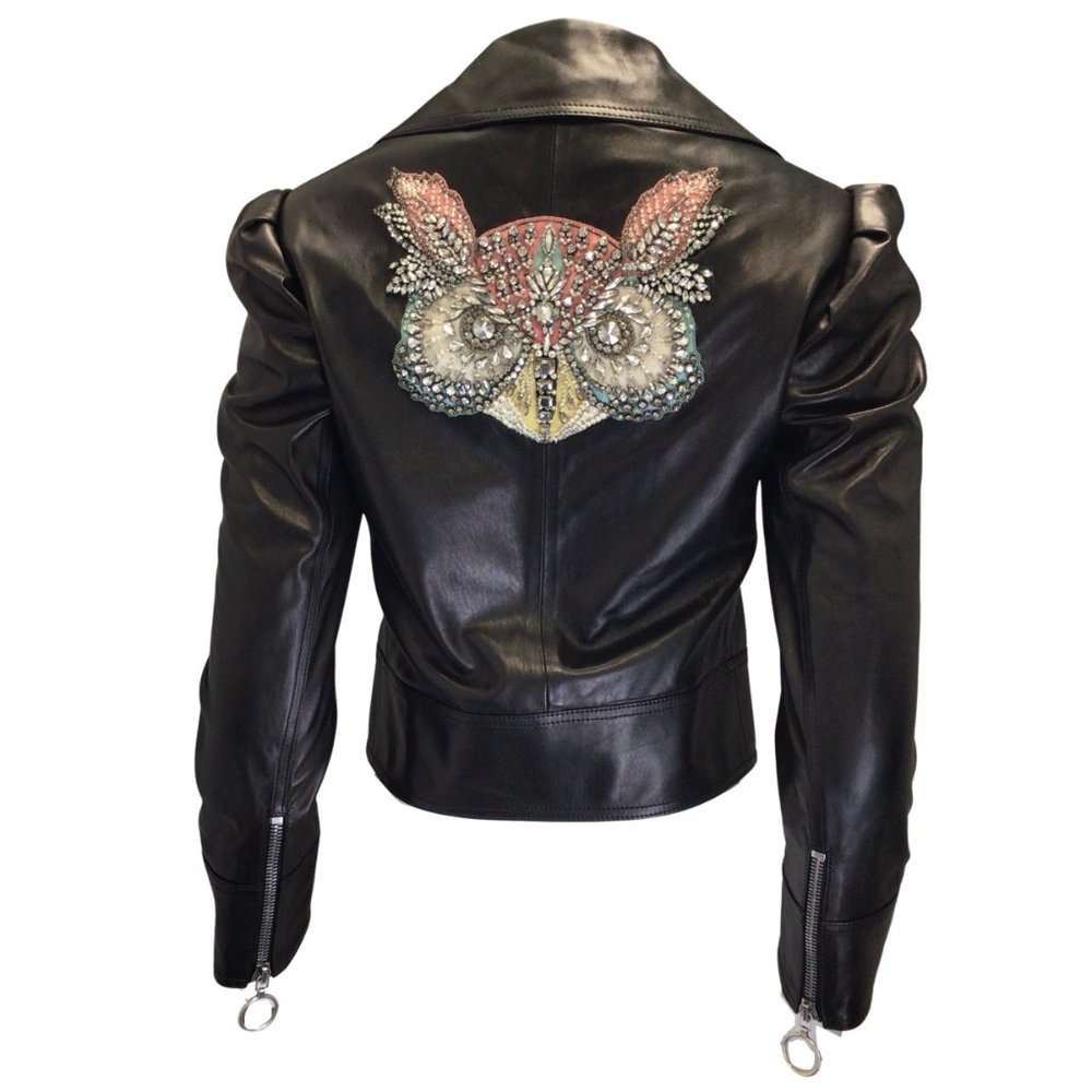 GUCCI BLACK CRYSTAL EMBELLISHED MOTO ZIP LAMBSKIN LEATHER JACKET - Picture 3 of 6